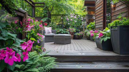 A backyard deck with cozy seating and flower pots filled with lush greenery and bright blooms.の素材