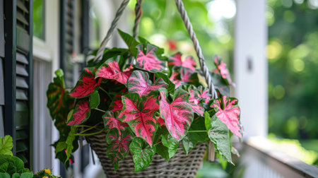 A beautifully arranged Caladium plant in a hanging basket, adding a touch of elegance to the porch.の素材