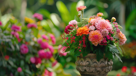 A beautiful floral arrangement in a handcrafted flower pot, set against a vibrant garden backdrop.の素材