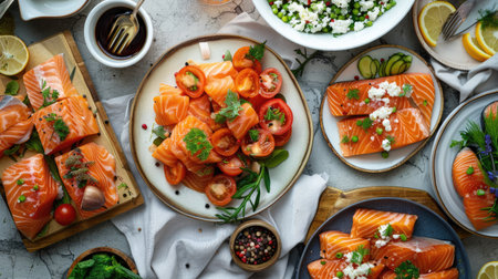 A beautiful spread of different salmon dishes, showcasing its versatility in various cuisines.の素材