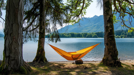 A camper setting up a hammock between two trees, with a beautiful lake in the background.の素材