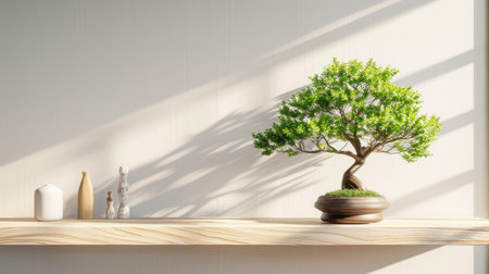 A bonsai tree with vibrant green leaves, placed on a wooden shelf in a minimalist modern home.の素材