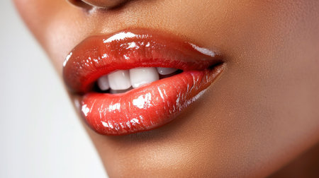 A close-up of a beautiful mouth with glossy lips, highlighting their smooth texture and natural fullness.の素材
