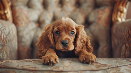 A charming Cocker Spaniel puppy with floppy ears, sitting on a vintage chair.の素材