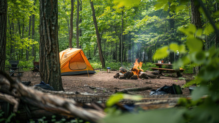 A campsite with a tent, campfire, and cooking equipment, surrounded by lush green trees.の素材