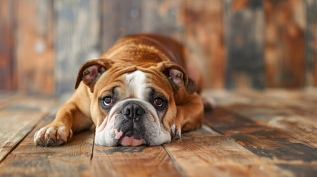 A charming English Bulldog lying on a wooden floor, with its signature wrinkled face and stocky build.の素材