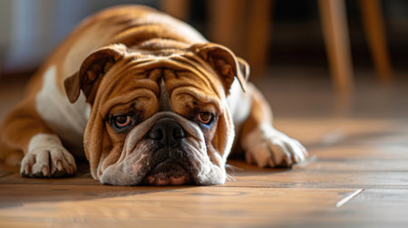 A charming English Bulldog lying on a wooden floor, with its signature wrinkled face and stocky build.の素材