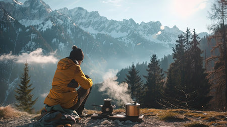 A camper boiling water on a portable stove, with a stunning mountain vista in the background.の素材