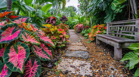 A charming garden path lined with colorful Caladium plants, leading to a rustic wooden bench.の素材