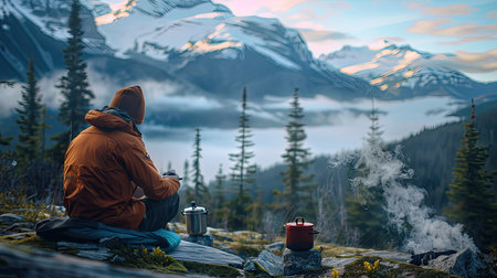 A camper boiling water on a portable stove, with a stunning mountain vista in the background.の素材
