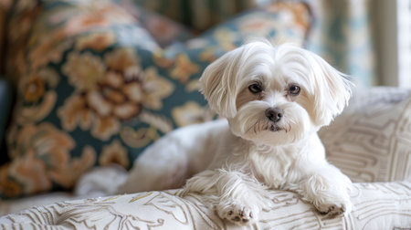 A charming Maltese with its silky white coat, sitting on a plush pillow.の素材