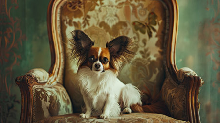 A charming Papillon with its butterfly-like ears, sitting on a vintage chair.の素材