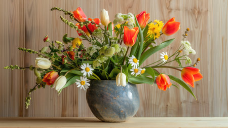 A charming bouquet of fresh tulips and daisies, presented in a modern, minimalist vase.の素材