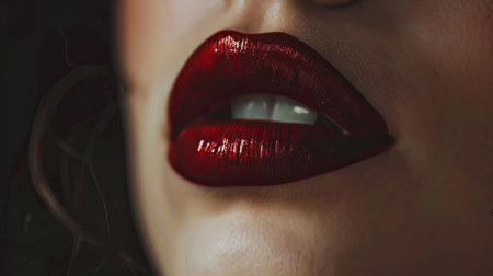 A close-up of a beautiful woman's lips, highlighted with a glossy red lipstick, exuding elegance and allure.の素材