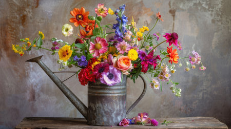 A cheerful bouquet of mixed seasonal flowers in bright hues, arranged in a vintage metal watering can.の素材