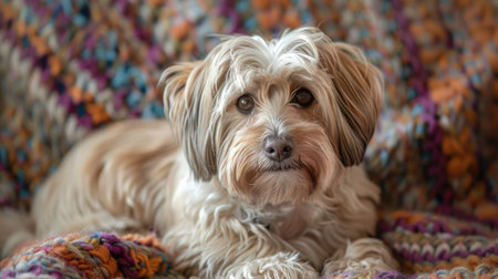 A charming Havanese with its silky coat, sitting on a colorful blanket.の素材