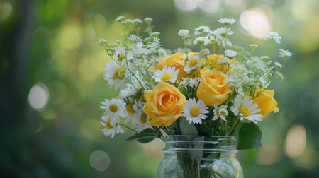 A charming bouquet of yellow roses and white daisies, arranged with a touch of greenery and placed in a simple glass jar.の素材