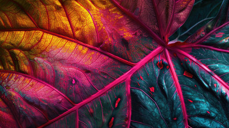 A close-up of a Caladium leaf with bold, contrasting colors, highlighting its natural beauty.の素材