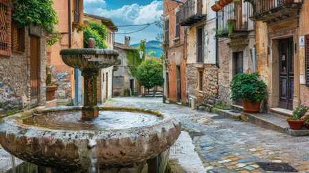 A charming stone fountain in a town square, surrounded by historic buildings.の素材
