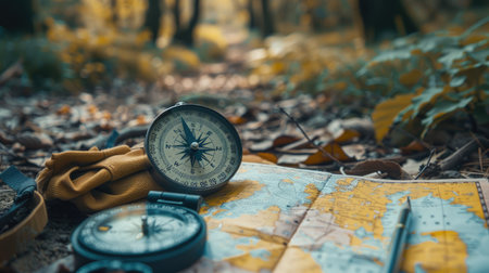 A close-up of a compass and map, essential tools for navigating while camping in the wilderness.の素材