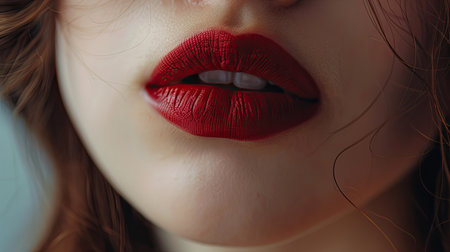 A close-up of a beautiful woman's lips, highlighted with a glossy red lipstick, exuding elegance and allure.の素材