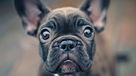 A close-up of a curious French Bulldog puppy with its signature bat-like ears and wrinkled face.の素材