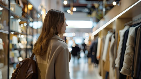 A chic woman shopping at a high-end boutique, browsing through the latest designer collections.の素材