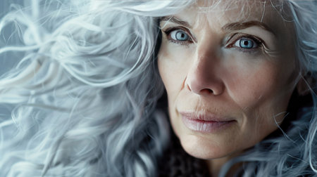 A close-up of a beautiful old woman with silver hair, her face glowing with inner beauty.の素材