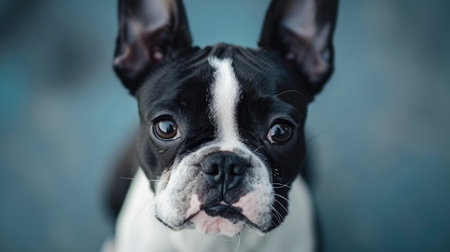 A close-up of a Boston Terrier with its distinctive black and white markings and perky ears.の素材