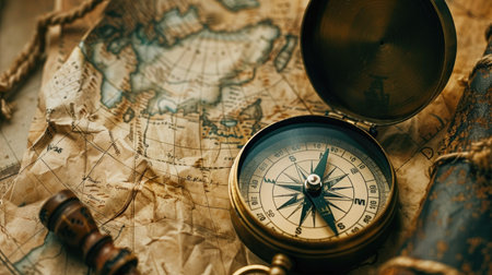A close-up of a compass and map, essential tools for navigating the wilderness while camping.の素材