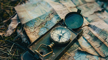 A close-up of a compass and map, essential tools for navigating while camping in the wilderness.の素材