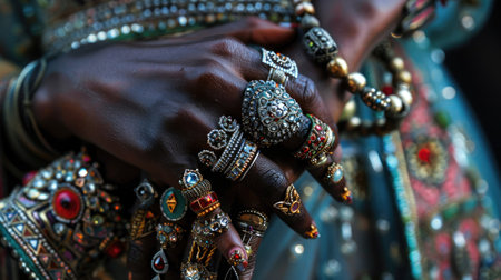 A close-up of a fashion model's hand adorned with rings and bracelets, highlighting intricate jewelry.の素材