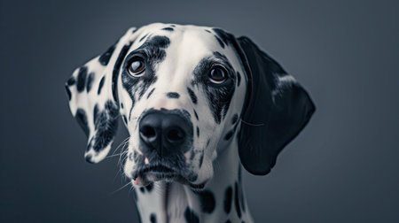 A close-up of a Dalmatian's unique black and white spotted coat, with its head tilted in curiosity.の素材