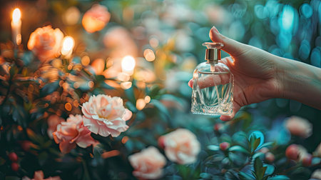 A close-up of a hand holding a bottle of luxury perfume, with a blurred floral background.の素材