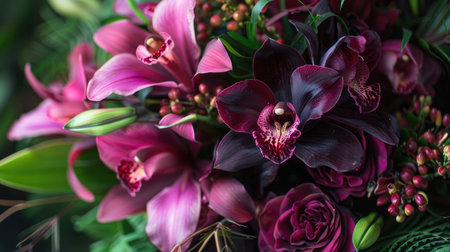 A close-up of a luxurious bouquet of deep purple orchids and pink lilies, arranged with lush greenery.の素材