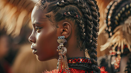 A close-up of a fashion model's hairstyle, featuring intricate braids and hair accessories.の素材