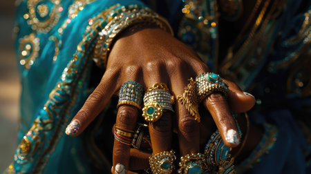 A close-up of a fashion model's hand adorned with rings and bracelets, highlighting intricate jewelry.の素材