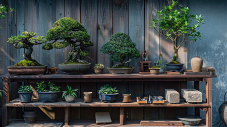 A collection of bonsai tools arranged neatly on a wooden workbench, ready for pruning and shaping.の素材