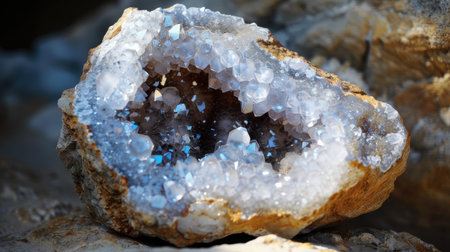 A close-up of a geode, revealing sparkling crystals inside its rough stone exterior.の素材