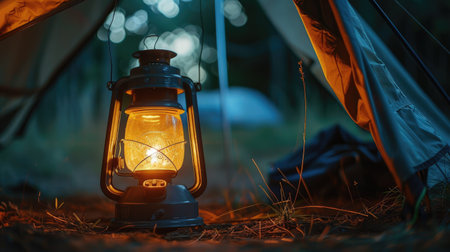 A close-up of a portable camping lantern, providing light inside a tent at night.の素材