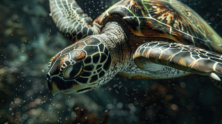 A close-up of a sea turtle's flipper as it swims, highlighting its movement and grace.の素材