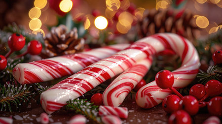 A close-up of candy canes and peppermint swirls, displayed in a festive setting with holly and pine cones.の素材