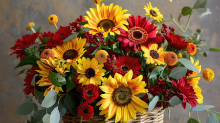 A close-up of a vibrant bouquet featuring yellow sunflowers and red gerbera daisies, arranged in a rustic basket.の素材