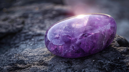 A close-up of a smooth, polished amethyst stone, glowing with deep purple hues.の素材