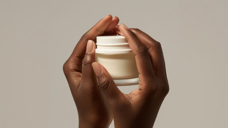 A close-up of a model's hands holding a jar of luxurious face cream, ready to apply.の素材