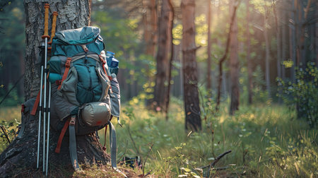 A close-up of a hiker's backpack, loaded with camping essentials and trekking poles, resting against a tree.の素材