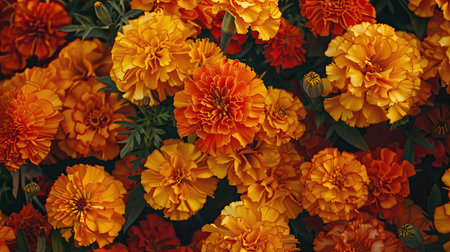A close-up of Khun Nai's marigolds, with their bright orange and yellow petals.の素材
