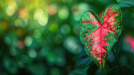 A close-up of a single Caladium leaf with bold red and green coloring, set against a blurred garden background.の素材