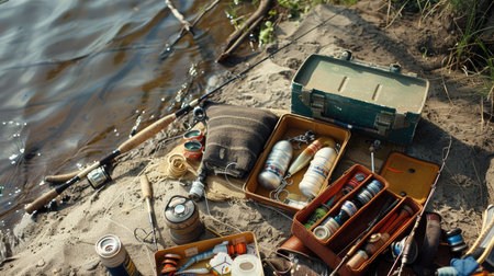 A collection of fishing gear, including a rod, tackle box, and bait, arranged on the shore of a river.の素材