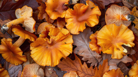 A cluster of golden chanterelle mushrooms nestled among fallen leaves in an autumn forest.の素材